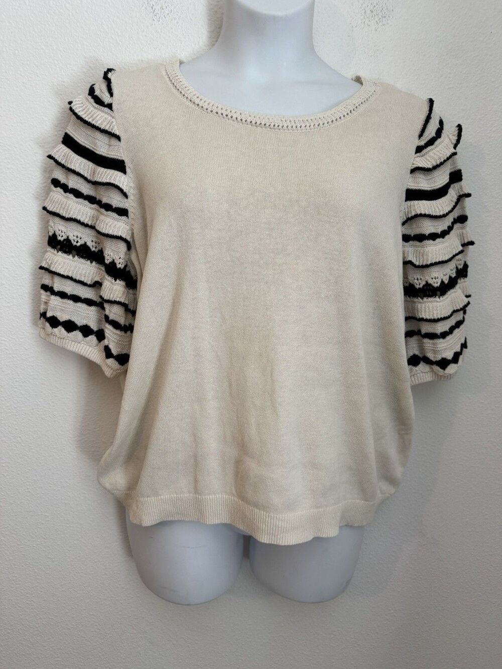 Chicos Sweater Knit Puff Sleeve Ruffle Crew Top Shirt Size 3 -XL Beige Boho